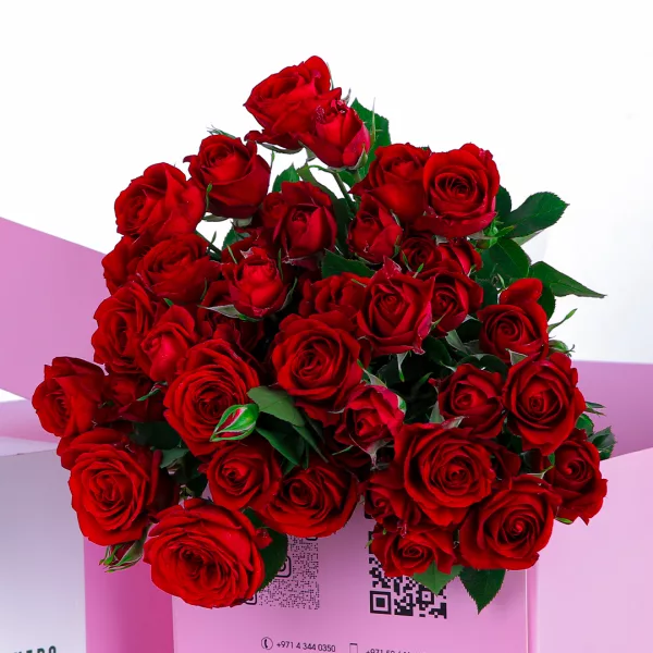 Red Spray Roses in Pink Box