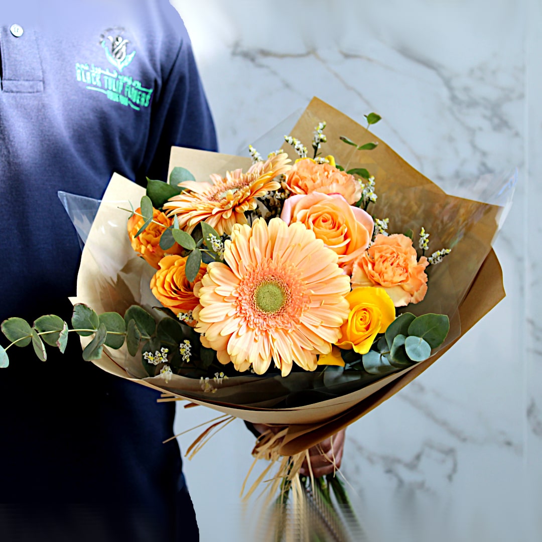 Orange gerbera yellow roses flower bouquet